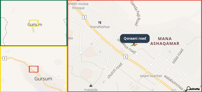 Map showing the address of Qoraani road in three different zoom levels.