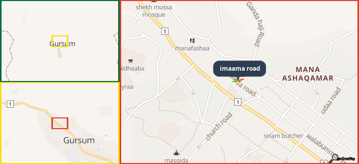 Map showing the address of imaama road in three different zoom levels.