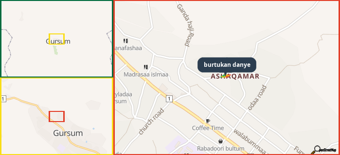 Map showing the address of burtukan danye in three different zoom levels.