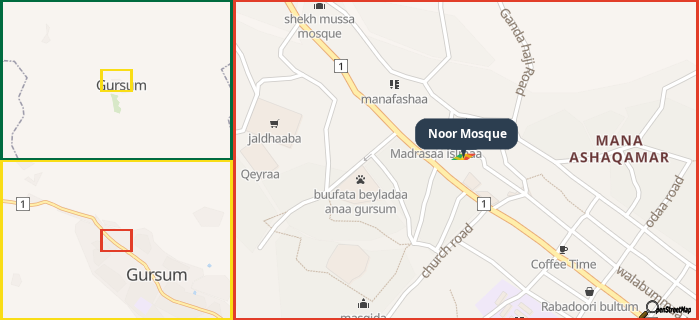 Map showing the address of Noor Mosque in three different zoom levels.