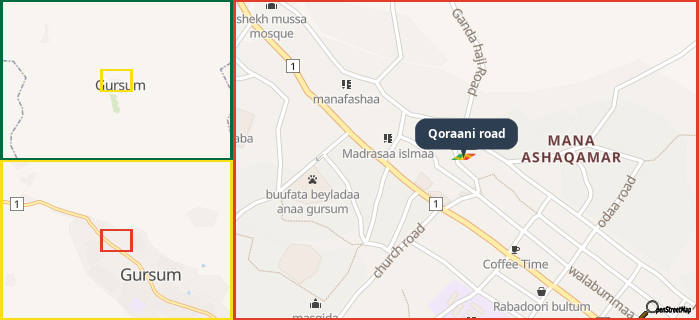 Map showing the address of Qoraani road in three different zoom levels.