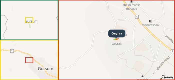 Map showing the address of Qeyraa in three different zoom levels.