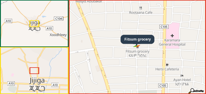 Map showing the address of Fitsum grocery in three different zoom levels.