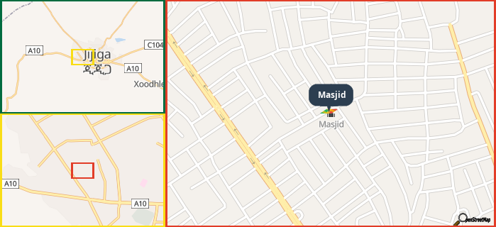 Map showing the address of Masjid in three different zoom levels.