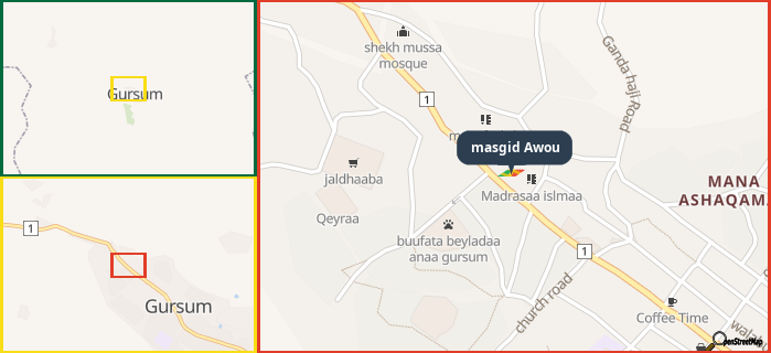 Map showing the address of masgid Awou in three different zoom levels.