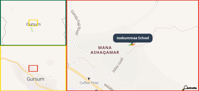 Map showing the address of tookummaa School in three different zoom levels.