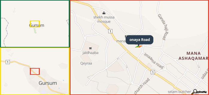 Map showing the address of onaya Road in three different zoom levels.