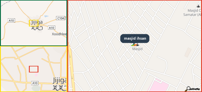 Map showing the address of masjid ihsan in three different zoom levels.