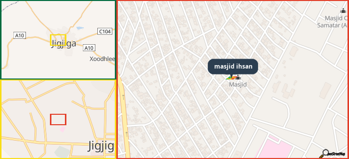 Map showing the address of masjid ihsan in three different zoom levels.