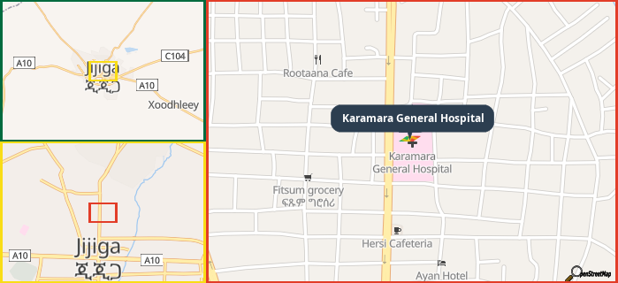 Map showing the address of Karamara General Hospital in three different zoom levels.