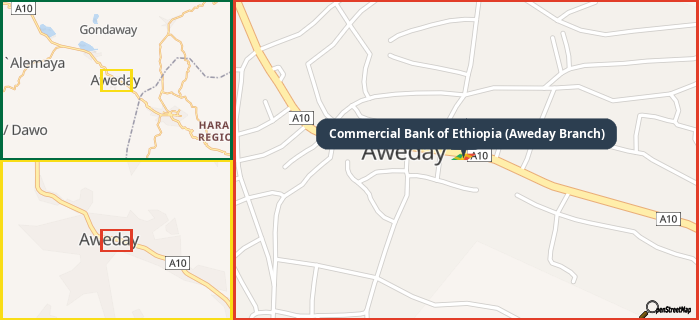 Map showing the address of Commercial Bank of Ethiopia (Aweday Branch) in three different zoom levels.
