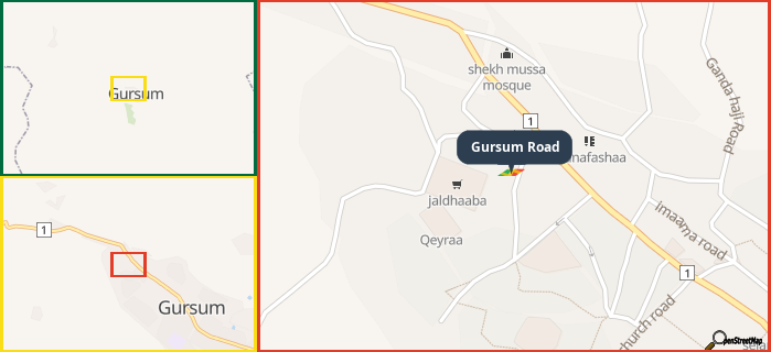 Map showing the address of Gursum Road in three different zoom levels.