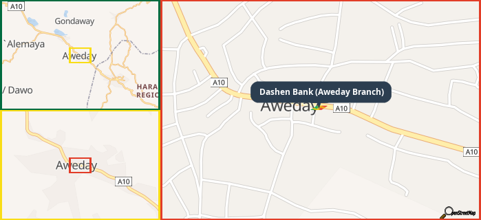 Map showing the address of Dashen Bank (Aweday Branch) in three different zoom levels.