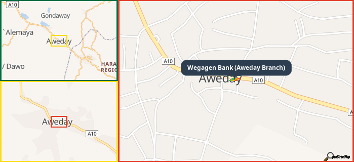 Map showing the address of Wegagen Bank (Aweday Branch) in three different zoom levels.