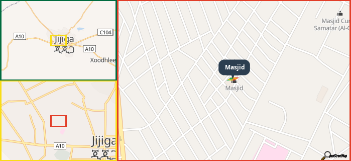 Map showing the address of Masjid in three different zoom levels.