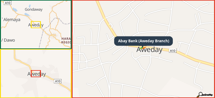 Map showing the address of Abay Bank (Aweday Branch) in three different zoom levels.