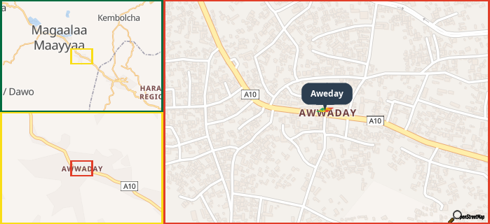 Map showing the address of Aweday in three different zoom levels.