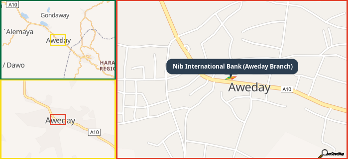 Map showing the address of Nib International Bank (Aweday Branch) in three different zoom levels.