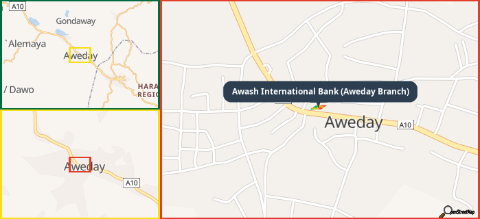 Map showing the address of Awash International Bank (Aweday Branch) in three different zoom levels.