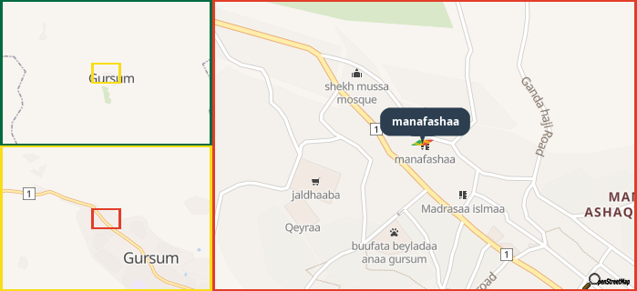 Map showing the address of manafashaa in three different zoom levels.