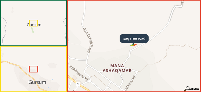 Map showing the address of saqaree road in three different zoom levels.