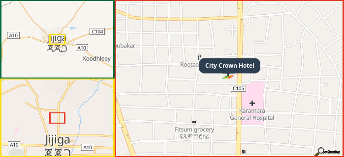 Map showing the address of City Crown Hotel in three different zoom levels.