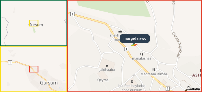 Map showing the address of masgida awo in three different zoom levels.