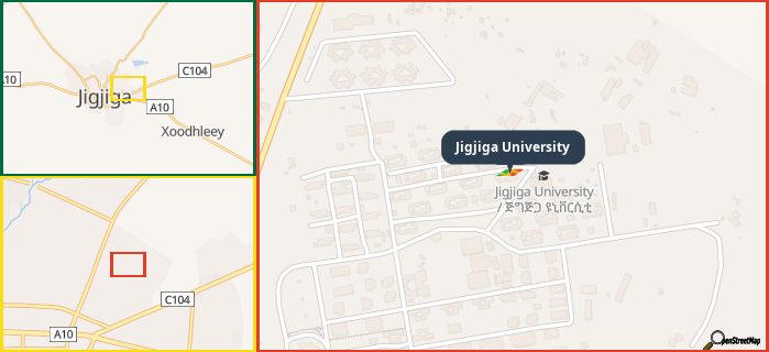 Map showing the address of Jigjiga University in three different zoom levels.