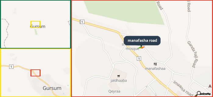Map showing the address of manafasha road in three different zoom levels.