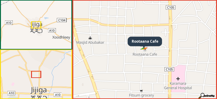 Map showing the address of Rootaana Cafe in three different zoom levels.