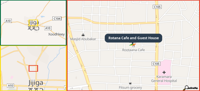 Map showing the address of Rotana Cafe and Guest House in three different zoom levels.