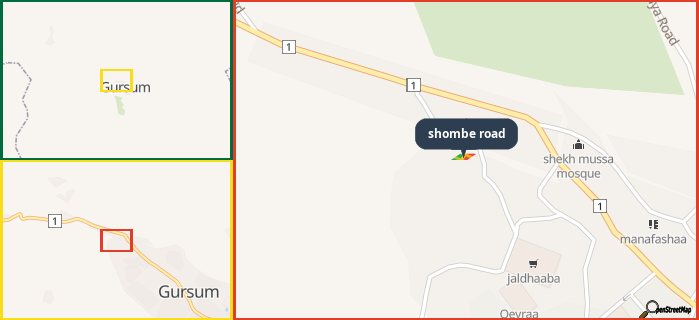 Map showing the address of shombe road in three different zoom levels.