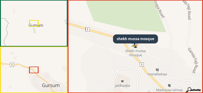 Map showing the address of shekh mussa mosque in three different zoom levels.