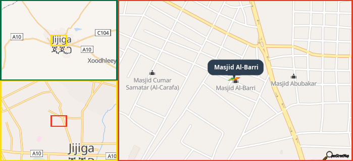 Map showing the address of Masjid Al-Barri in three different zoom levels.