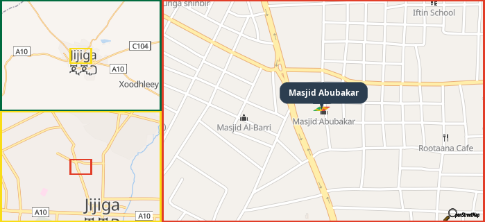 Map showing the address of Masjid Abubakar in three different zoom levels.