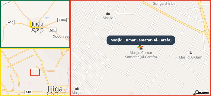Map showing the address of Masjid Cumar Samatar (Al-Carafa) in three different zoom levels.