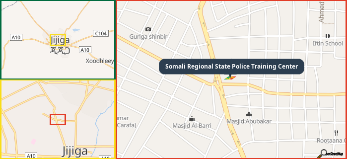 Map showing the address of Somali Regional State Police Training Center in three different zoom levels.