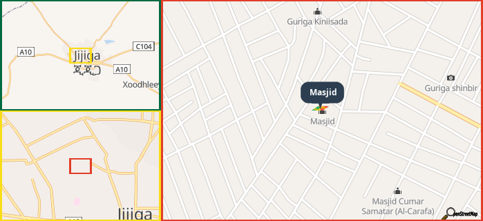 Map showing the address of Masjid in three different zoom levels.