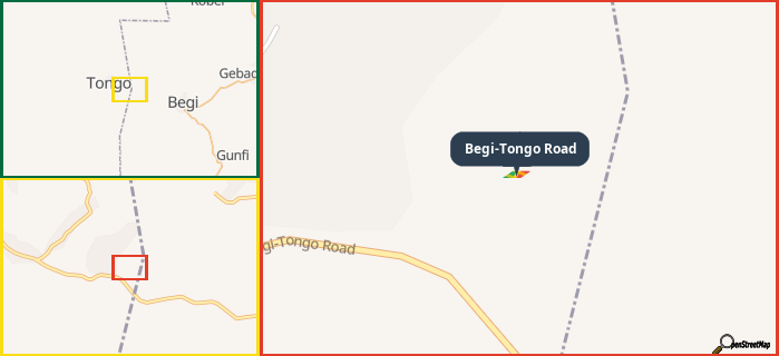 Map showing the address of Begi-Tongo Road in three different zoom levels.