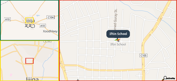Map showing the address of Iftin School in three different zoom levels.