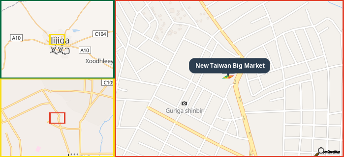 Map showing the address of New Taiwan Big Market in three different zoom levels.