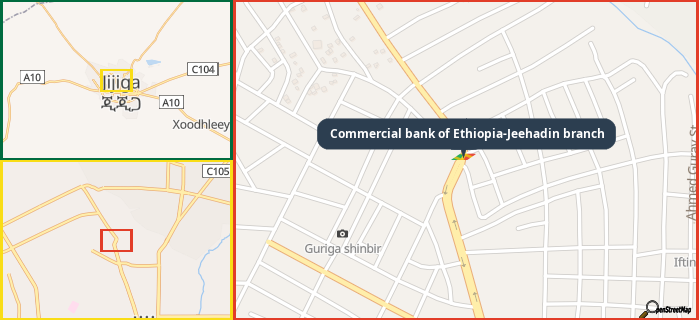 Map showing the address of Commercial bank of Ethiopia-Jeehadin branch in three different zoom levels.