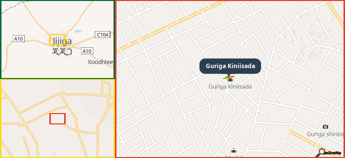 Map showing the address of Guriga Kiniisada in three different zoom levels.