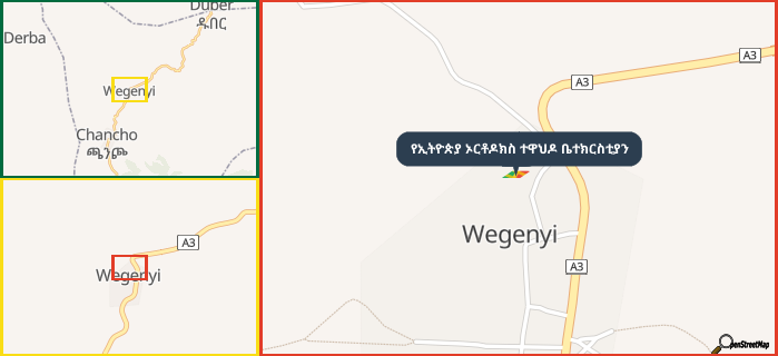 Map showing the address of የኢትዮጵያ ኦርቶዶክስ ተዋህዶ ቤተክርስቲያን in three different zoom levels.