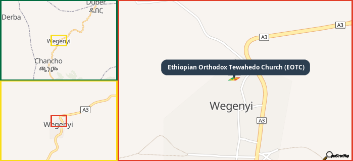 Map showing the address of Ethiopian Orthodox Tewahedo Church (EOTC) in three different zoom levels.