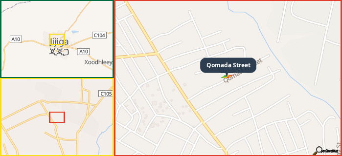 Map showing the address of Qomada Street in three different zoom levels.