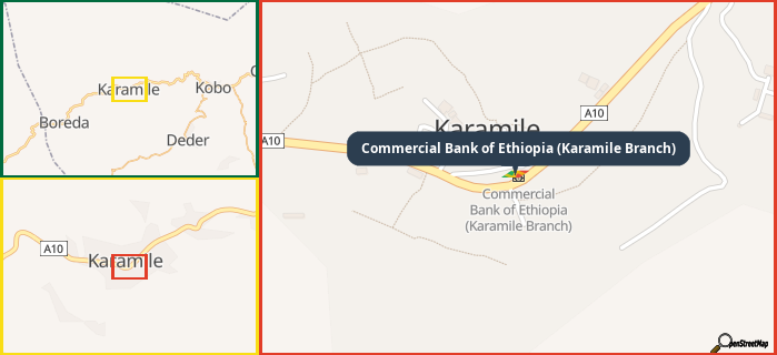 Map showing the address of Commercial Bank of Ethiopia (Karamile Branch) in three different zoom levels.