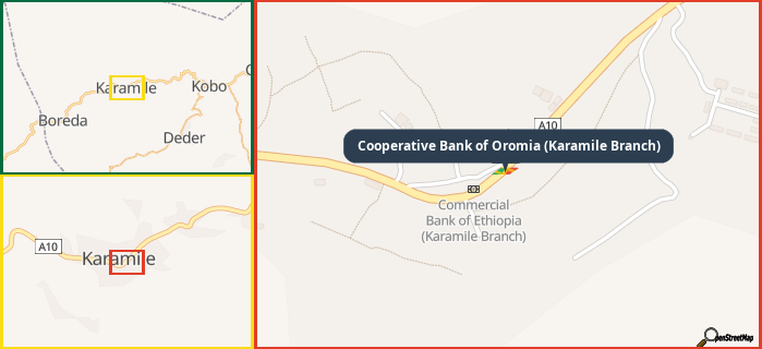 Map showing the address of Cooperative Bank of Oromia (Karamile Branch) in three different zoom levels.