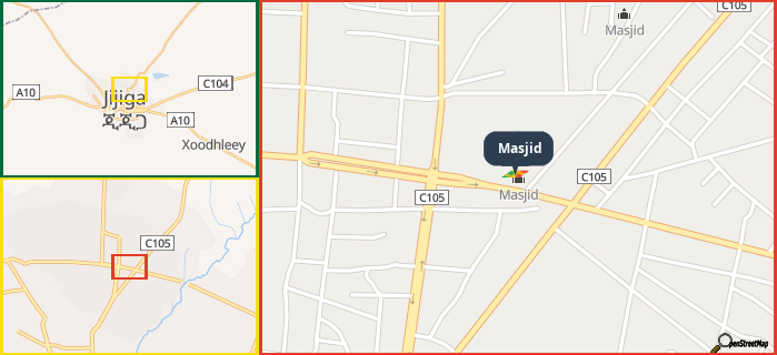 Map showing the address of Masjid in three different zoom levels.