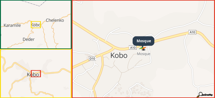 Map showing the address of Mosque in three different zoom levels.